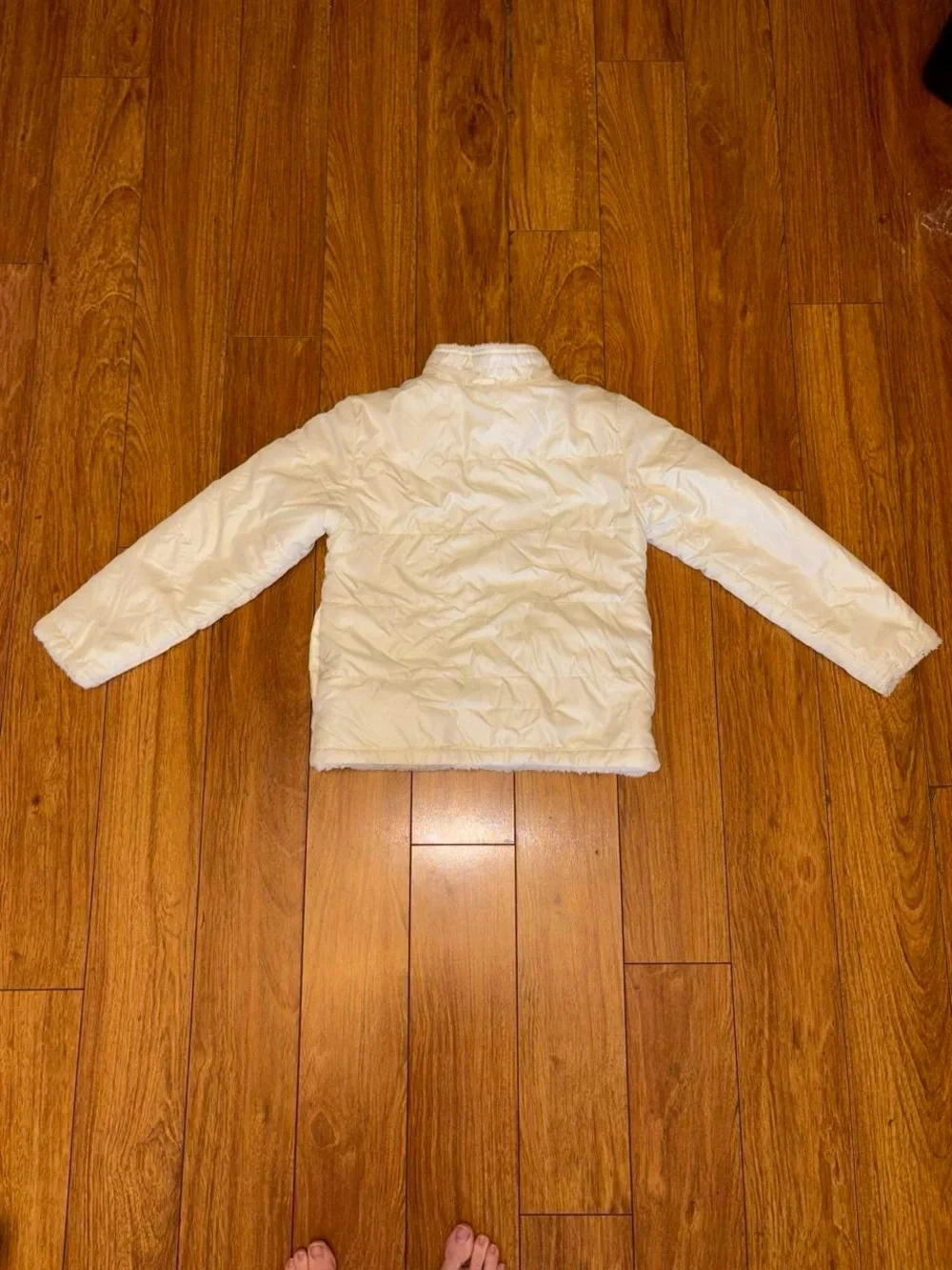 White and purple fleece lined puffer jacket